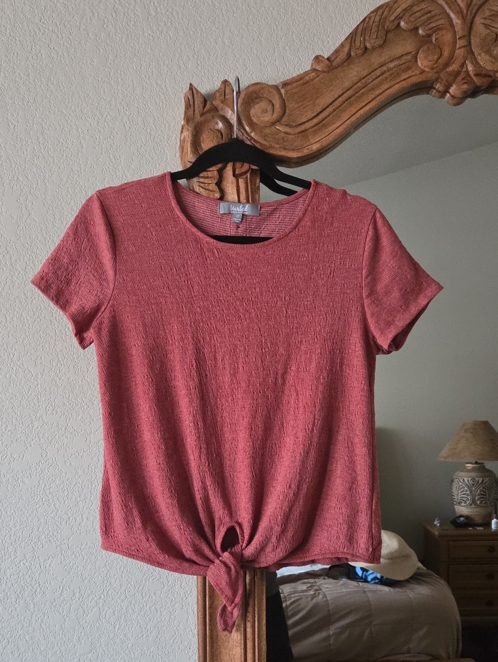 Marled Dusty Rose Short-Sleeve Tie-Front With Button Down Back
